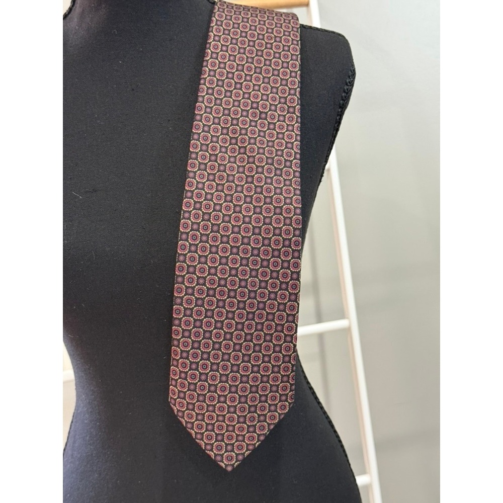 Rooster New Traditions Mens Silk Tie Burgundy Gold Medallion Geometric‎ USA 90's